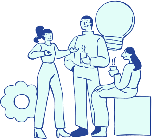 Illustration de 3 personnes discutant en buvant un café, avec des rouages et une grosse ampoule en fond