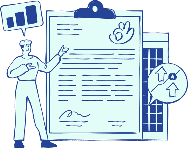 Illustration d'une personne présentant les connaissances d'une entreprise, sous forme de documents