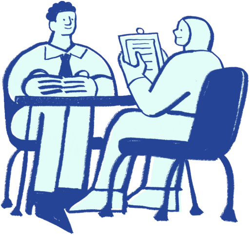 Illustration de 2 personnes assises face à face à un bureau, l'une lisant un document à l'autre